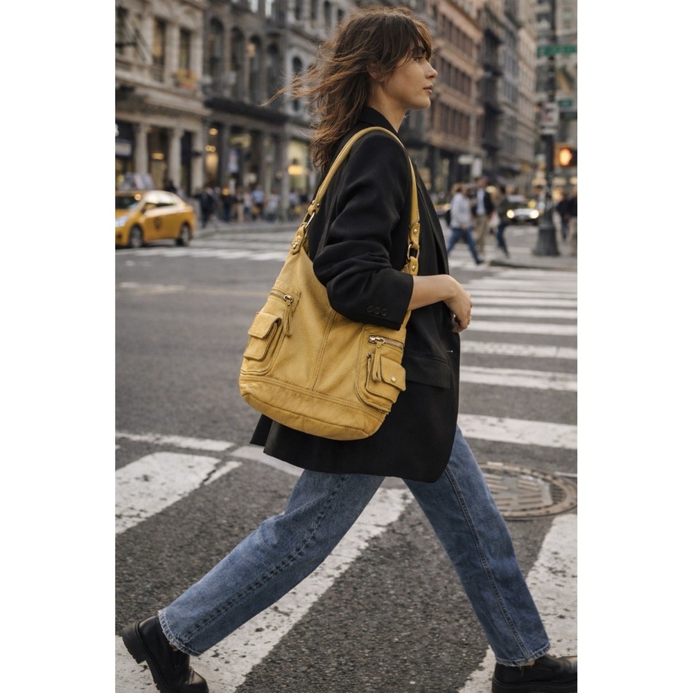 Linea Pelle Dylan Boho Leather Shoulder Bag Mustard Yellow Pockets Purse City